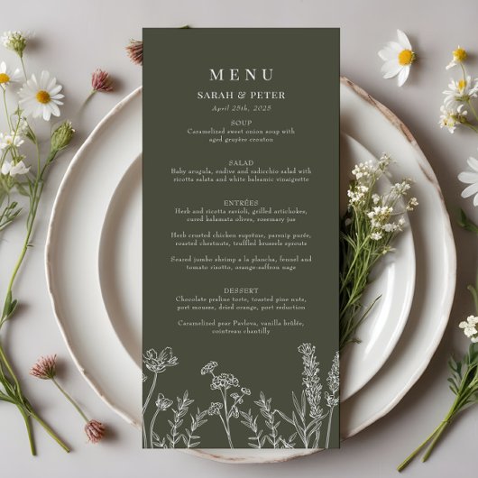 Boho Olijf Groen Wildbloem Bruiloft Flat Menu