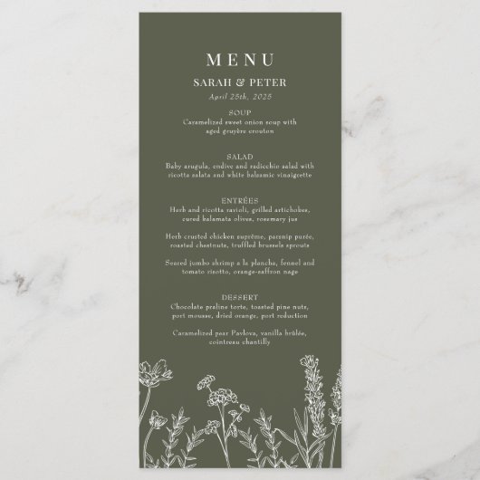 Boho Olijf Groen Wildbloem Bruiloft Flat Menu (Voorkant)