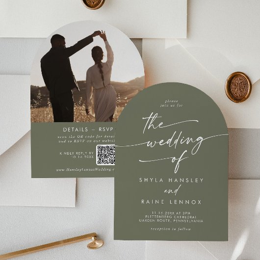 Boho Olijfgroen Foto QR Code Boog Huwelijk Kaart