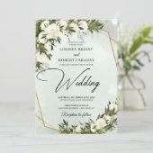 Boho olijfgroen witte rozen gouden lijst bruiloft kaart (Staand voorkant)