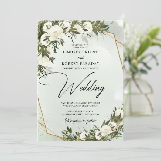 Boho olijfgroen witte rozen gouden lijst bruiloft kaart (Staand voorkant)