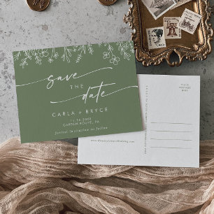 Boho Olijfgroene Wilde Bloem Trouwkaart 'Save the Uitnodiging Briefkaart