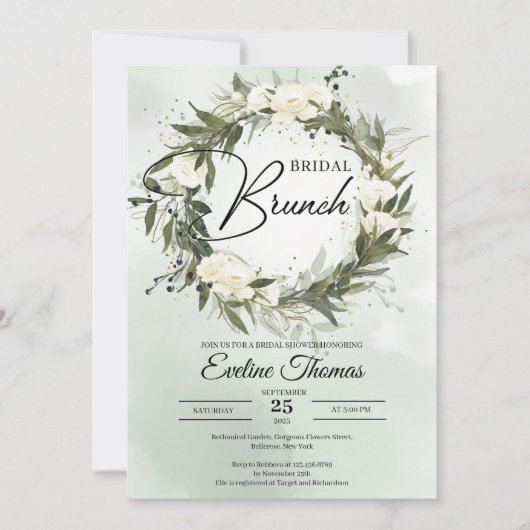 Boho Olive foliage white roses gold Bridal brunch Kaart (Voorkant)