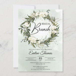 Boho Olive foliage white roses gold Bridal brunch Kaart