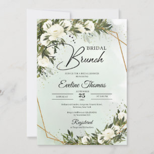 Boho Olive foliage white roses gold Bridal brunch Kaart