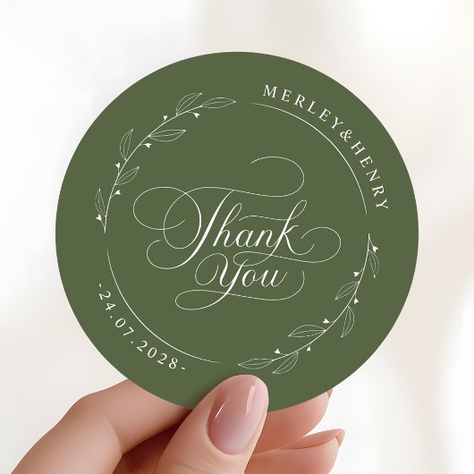 Boho Olive Green Wedding Thank You Favor Ronde Sticker