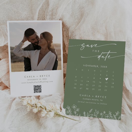 Boho Olive Wildflower QR Code Photo Calendar  Save The Date