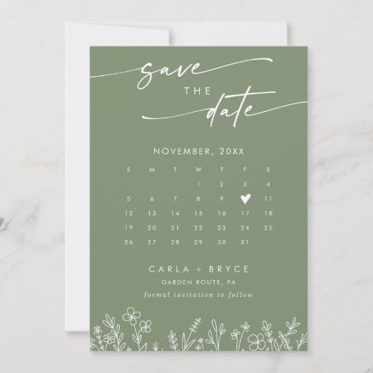 Boho Olive Wildflower QR Code Photo Calendar  Save The Date (Voorkant)