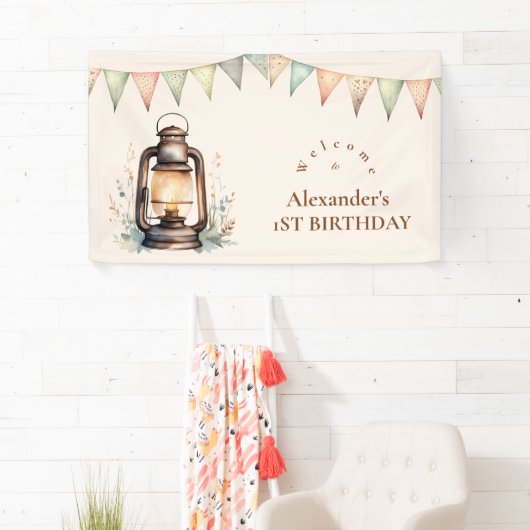 Boho One Happy Camper 1e verjaardagsfeestje Spandoek (Insitu)