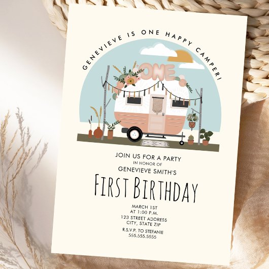 Boho One Happy Camper First Birthday Party Kaart