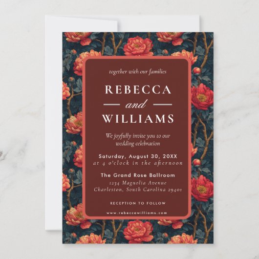 Boho Orange Floral Peonies Wedding Invitation Kaart (Voorkant)