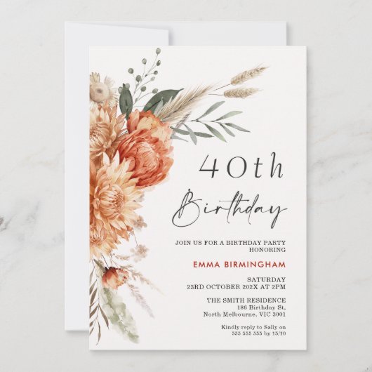 Boho Oranje Beige Bloemen 40e Verjaardag Kaart (Voorkant)