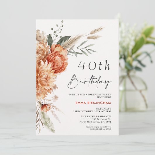 Boho Oranje Beige Bloemen 40e Verjaardag Kaart (Staand voorkant)