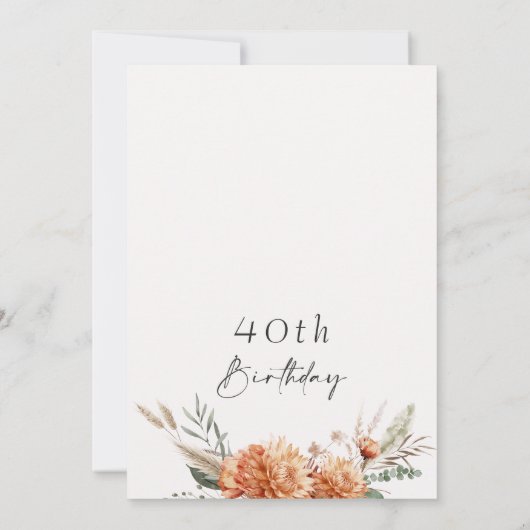 Boho Oranje Beige Bloemen 40e Verjaardag Kaart (Achterkant)