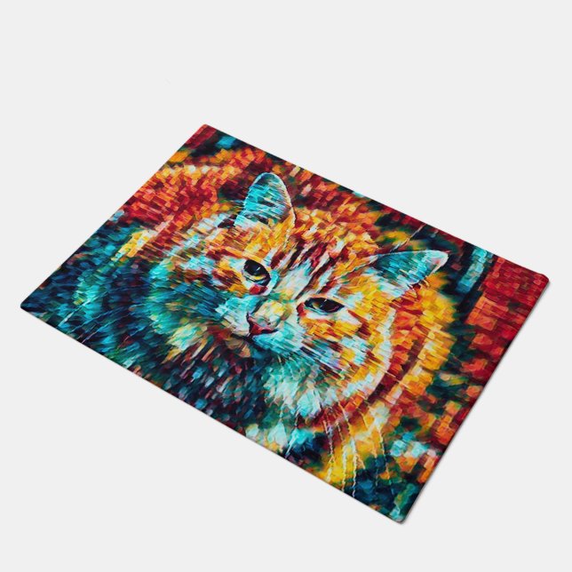 Boho Oranje blauw kleurig Hippie Tabby Cat Deurmat (Schuin)