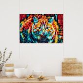Boho Oranje blauw kleurig Hippie Tabby Cat Poster (Keuken)