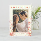 Boho Oranje Bloem Lijn Kunst 2 Foto QR Code Save The Date (Staand voorkant)