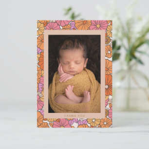 Boho Oranje Bloemige Twee Foto Baby Shower Bericht Bedankkaart