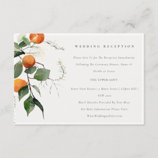 Boho Oranje Blossom Botanical Wedding Reception Informatiekaartje (Voorkant)