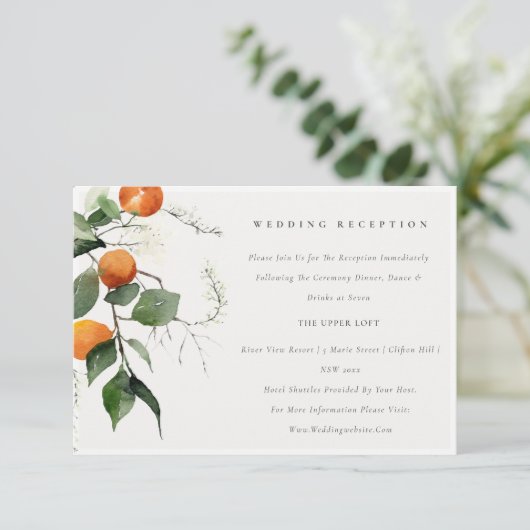 Boho Oranje Blossom Botanical Wedding Reception Informatiekaartje (Staand voorkant)
