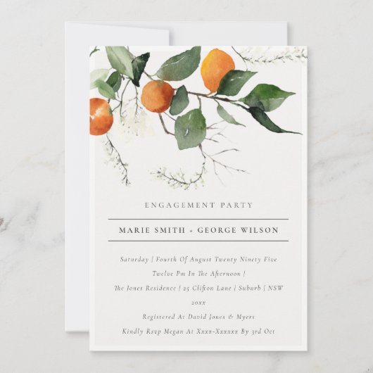 Boho Oranje Blossom Botanisch Verloving Invite Bedankkaart (Voorkant)