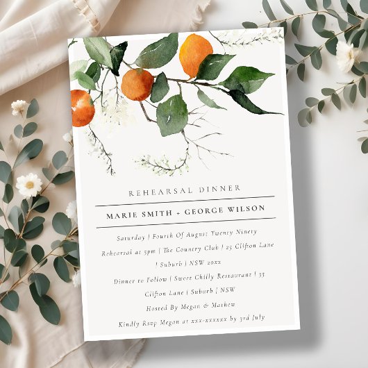Boho Oranje Blossom Fauna Rehearsal Dinner Invite Bedankkaart