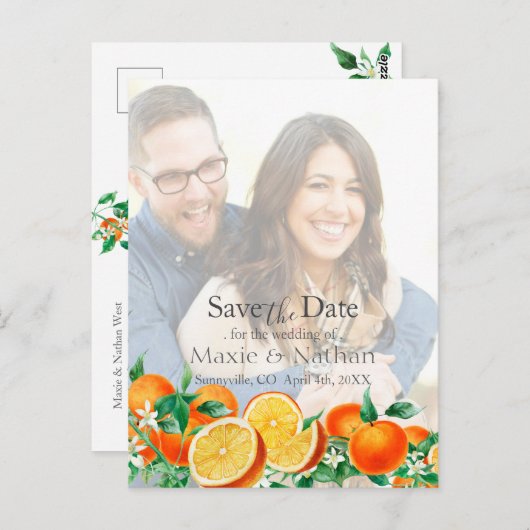 Boho Oranje Blossom Save the Date Foto QR Code Briefkaart (Voorkant / Achterkant)