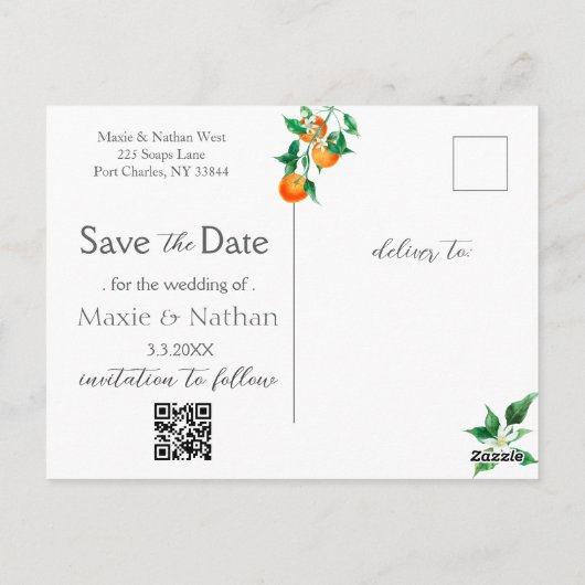 Boho Oranje Blossom Save the Date Foto QR Code Briefkaart (Achterkant)