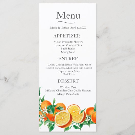 Boho Oranje Blossom Wedding Menu (Voorkant)