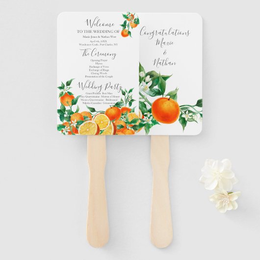 Boho Oranje Blossom Wedding Programma Handwaaier (Voorkant en achterkant)