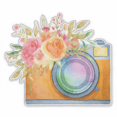 Boho Oranje Camera & Bloemboeket Waterverf Sticker (Voorkant)