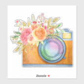 Boho Oranje Camera & Bloemboeket Waterverf Sticker (Vel)