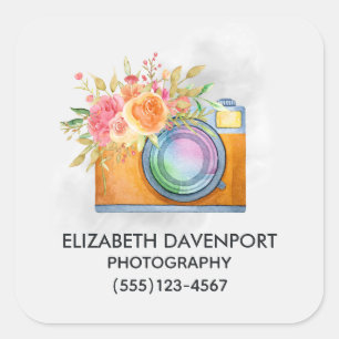 Boho Oranje Camera & Bloemen Waterverf Bedrijf Vierkante Sticker