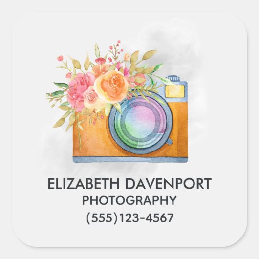 Boho Oranje Camera & Bloemen Waterverf Bedrijf Vierkante Sticker (Voorkant)