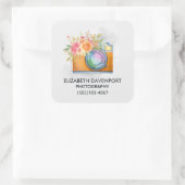 Boho Oranje Camera & Bloemen Waterverf Bedrijf Vierkante Sticker (Tas)
