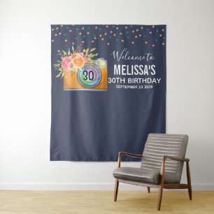 Boho Oranje Camera & Bloemen Waterverf Verjaardag Wandkleed