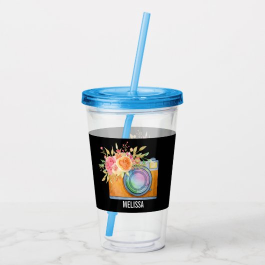 Boho Oranje Camera & Floral Bouquet Waterverf Acryl Drinkbeker (Achterkant)