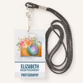 Boho Oranje Camera & Floral Bouquet Waterverf Badge (Achterkant met draagriem)