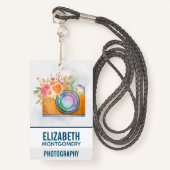 Boho Oranje Camera & Floral Bouquet Waterverf Badge (Voorkant met draagriem)
