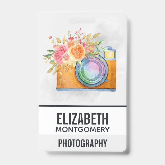 Boho Oranje Camera & Floral Bouquet Waterverf Badge (Voorzijde)