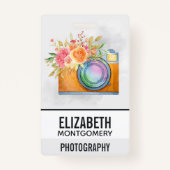 Boho Oranje Camera & Floral Bouquet Waterverf Badge (Achterkant)