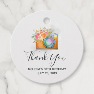 Boho Oranje Camera & Floral Bouquet Waterverf Bedankjes Labels