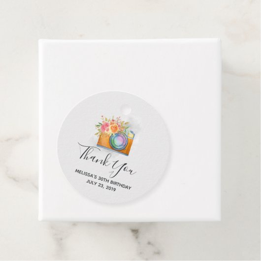 Boho Oranje Camera & Floral Bouquet Waterverf Bedankjes Labels (In situ)