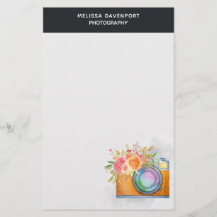 Boho Oranje Camera & Floral Bouquet Waterverf Briefpapier