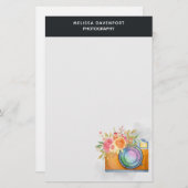 Boho Oranje Camera & Floral Bouquet Waterverf Briefpapier (Voorkant / Achterkant)