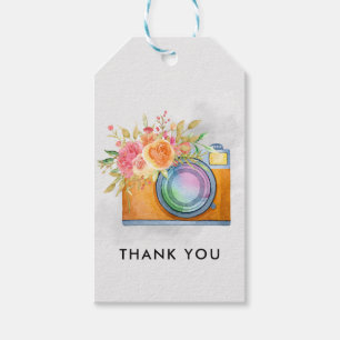 Boho Oranje Camera & Floral Bouquet Waterverf Cadeaulabel