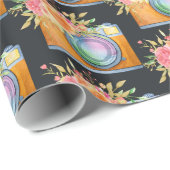 Boho Oranje Camera & Floral Bouquet Waterverf Cadeaupapier (Rol Hoek)