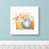 Boho Oranje Camera & Floral Bouquet Waterverf Canvas Afdruk (Insitu (Houten vloer))
