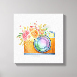 Boho Oranje Camera & Floral Bouquet Waterverf Canvas Afdruk