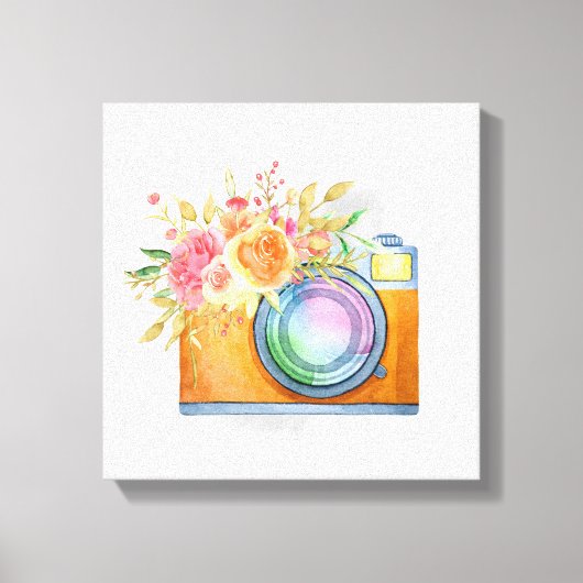 Boho Oranje Camera & Floral Bouquet Waterverf Canvas Afdruk (Voorkant)